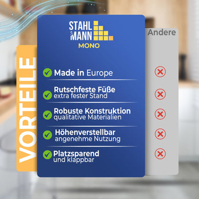 STAHLMANN ® großes Bügelbrett [120x42 Bügelfläche] mit Kleidungsplatte – robuster Bügeltisch – extra stabiles Bügelbrett [Made IN EU] – Tischbügelbrett