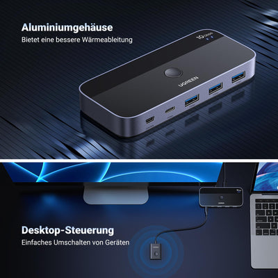 UGREEN USB C Switch 2PC 10Gbps USB Switch 3.2 2 In 4 Out mit Desktop Kontroller USB Umschalter Aluminiumgehäuse mit 2USB C auf C Kabeln für Tastatur, Maus, Drucker, USB Stick usw.
