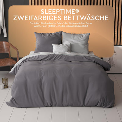 Sleeptime 100% Baumwolle Bettwäsche 135cm x 200cm 4teilig Grau/Anthrazit - weich & bügelfrei Bettbezüge mit Reißverschluss - zweifarbiges Bettwäsche Set mit 2 Kissenbezüge 80cm x 80cm