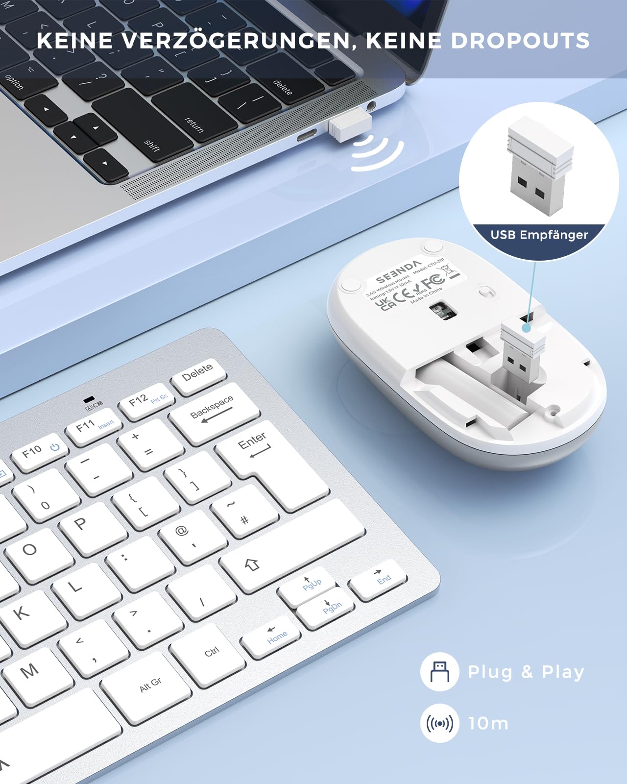seenda Funktastatur mit Maus, Kleine Tastatur Maus Set kabellos mit USB Empfänger für PC/Laptop/Desktop/TV, Ultradünne 70% Tastatur mit QWERTZ Layout, Weiß & Silber