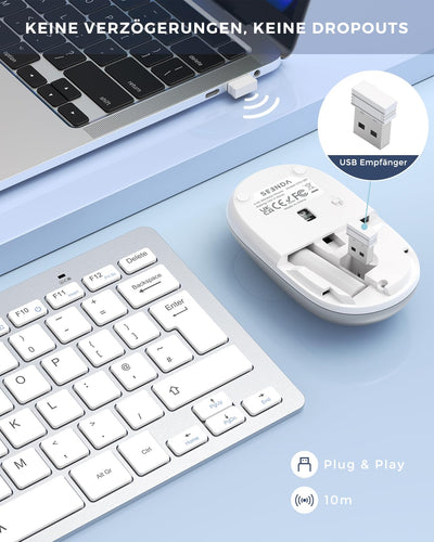 seenda Funktastatur mit Maus, Kleine Tastatur Maus Set kabellos mit USB Empfänger für PC/Laptop/Desktop/TV, Ultradünne 70% Tastatur mit QWERTZ Layout, Weiß & Silber