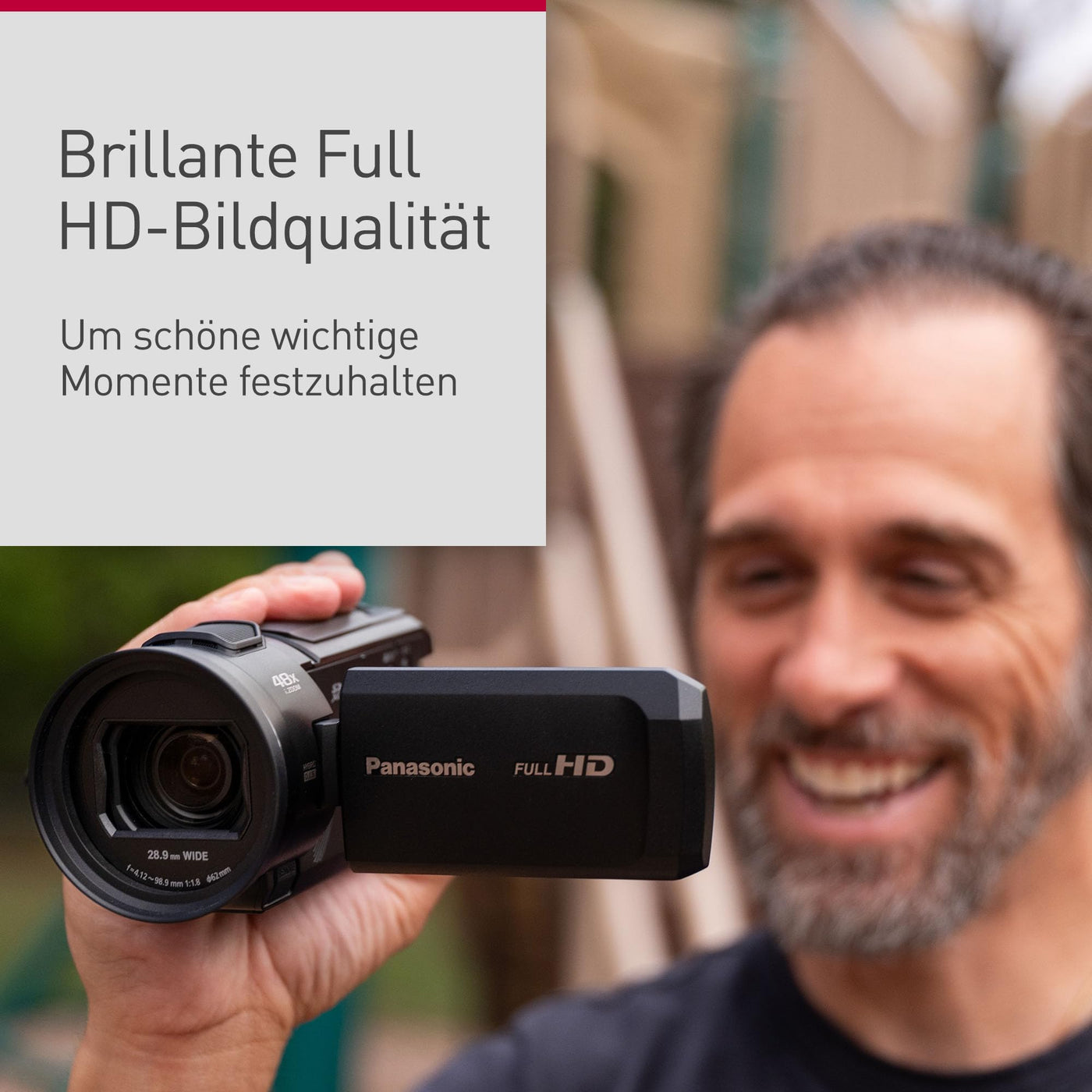 Panasonic HC-V900E-K Full-HD-Camcorder, FHD-Video, 25-mm-F1.8-Weitwinkelobjektiv, 24-facher optischer Zoom, Hybrid OIS+, HDR, Zoom-Mikrofon, Touchscreen, Schwarz
