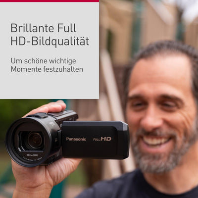 Panasonic HC-V900E-K Full-HD-Camcorder, FHD-Video, 25-mm-F1.8-Weitwinkelobjektiv, 24-facher optischer Zoom, Hybrid OIS+, HDR, Zoom-Mikrofon, Touchscreen, Schwarz