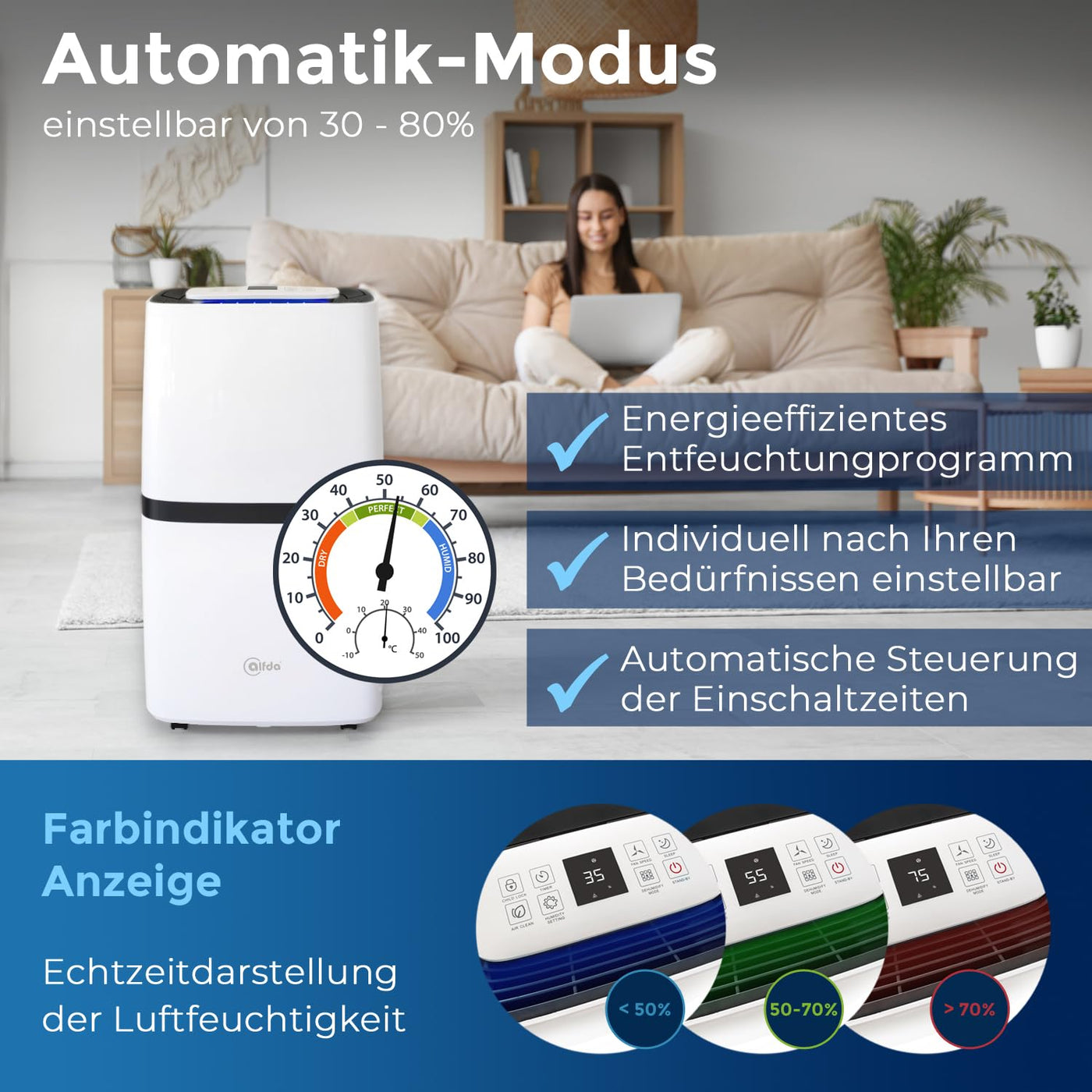 alfda AEF2000 Luftentfeuchter elektrisch - (max. 20Liter/Tag) - 4 Betriebsmodi, für Räume bis 30 m², Automatikbetrieb, Touch-Display, mit Ablaufschlauch, zum Wäsche trocknen - Gegen Feuchtigkeit...
