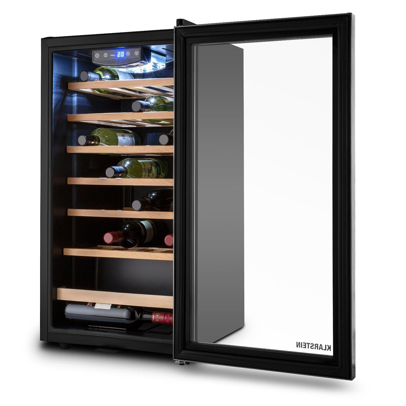 Klarstein Vivo Wine 26 Wine Cellar - Beverage cooler, 26 bottles, 88 L, LED, temperature control, Interchangeable hinge, Door on both sides, stainless steel, Silver