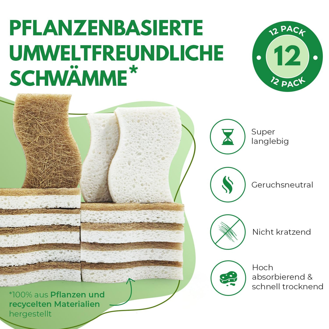 AIRNEX Biologisch Abbaubarer Spülschwamm 12er Set – Kompostierbarer Naturschwamm Aus Zellulose und Kokosfasern Mit Scheuerschwamm – Umweltfreundlicher Putzschwamm – Geruchloser Küchenschwamm Sponge
