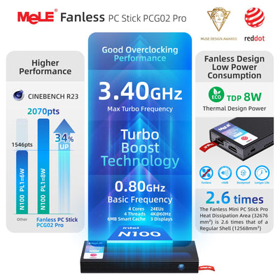 MeLE PCG02 Pro Lüfterloser Mini-PC Stick, Reddot Gewinner 2024, N100 8GB 128GB, Dual HDMI2.0, 4k 60Hz, BIOS-Entsperrung für Linux Ubuntu