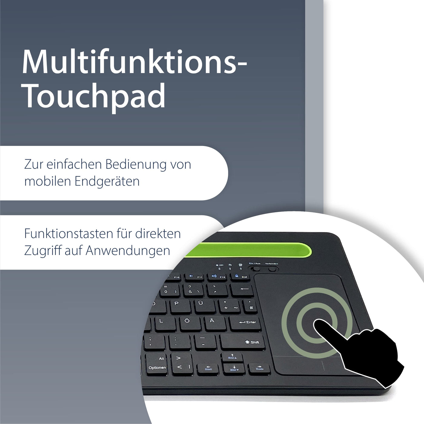 MediaRange, Bluetooth, kompakte Multi-pairing Funk-Tastatur mit 78 Tasten und Touchpad, QWERTZ (DE/AT/CH) Tastaturbelegung, schwarz/grün