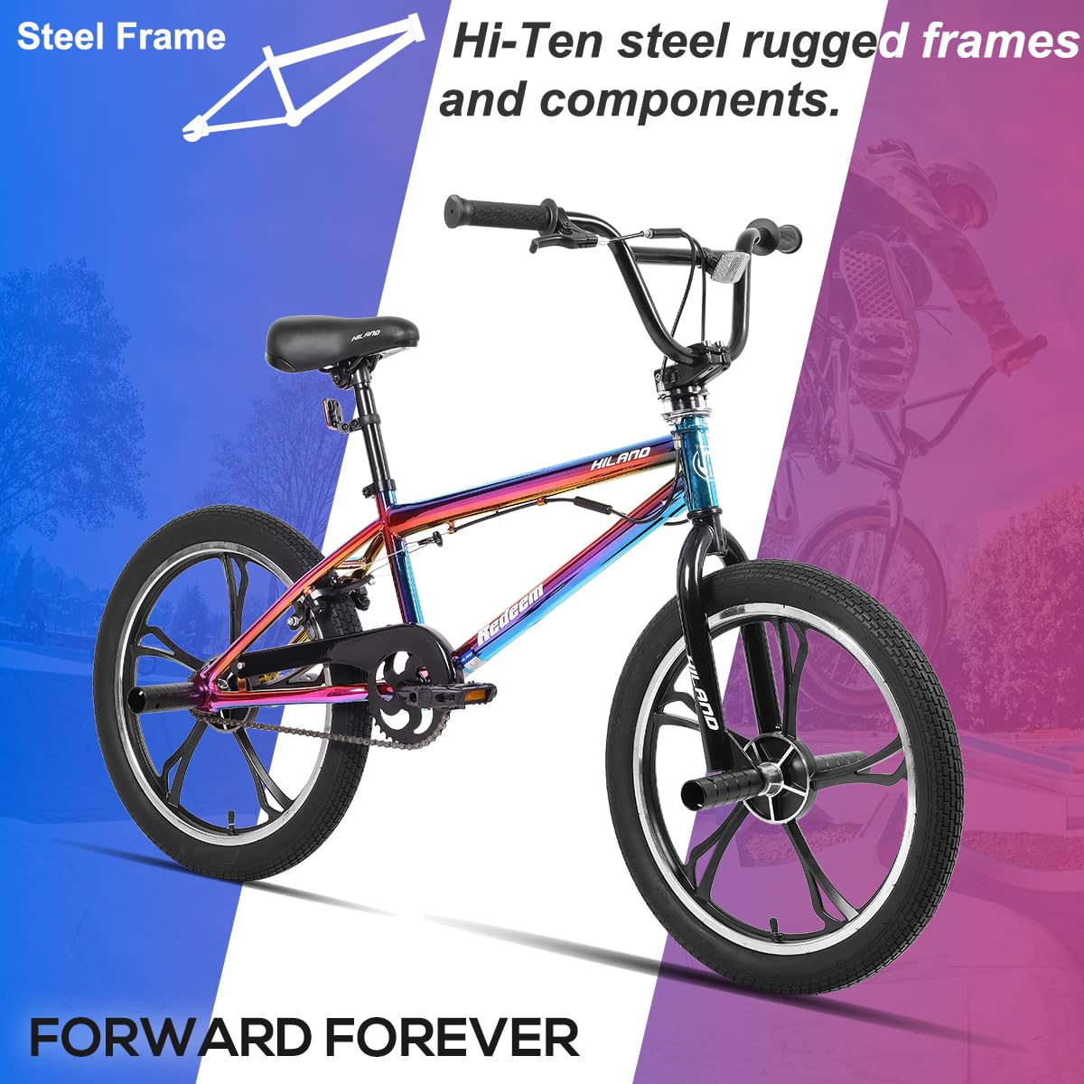 Hiland 20 Zoll 5 Speichen Kinder BMX Fahrrad für Jungen Mädchen ab 7-13 Jahre alt, 360 Grad Rotor Freestyle, 4 Pegs Kinder BMX Fahrrad, Regenbogen