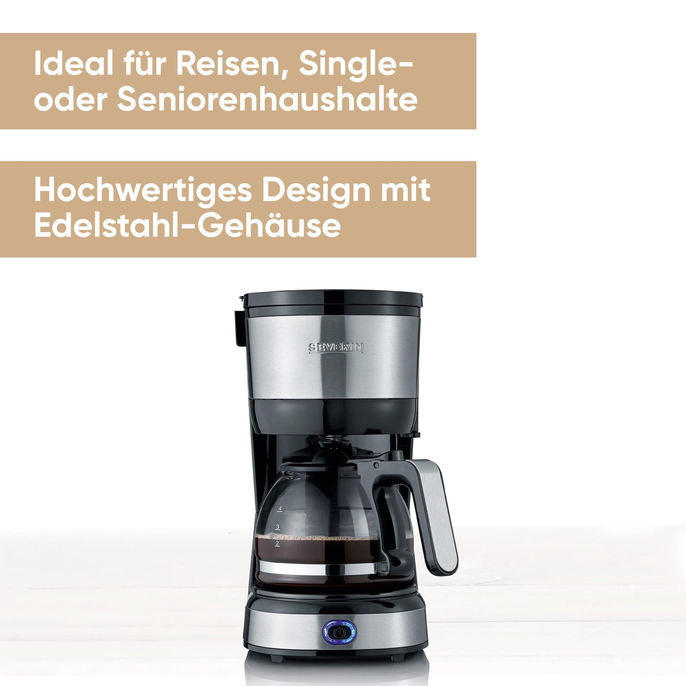 SEVERIN Kompakt Kaffeemaschine, aromatischer Kaffee mit dem Kaffeebereiter für bis zu 4 Tassen, Filterkaffeemaschine mit Permanent-Schwenkfilter, Edelstahl/schwarz, KA 4808