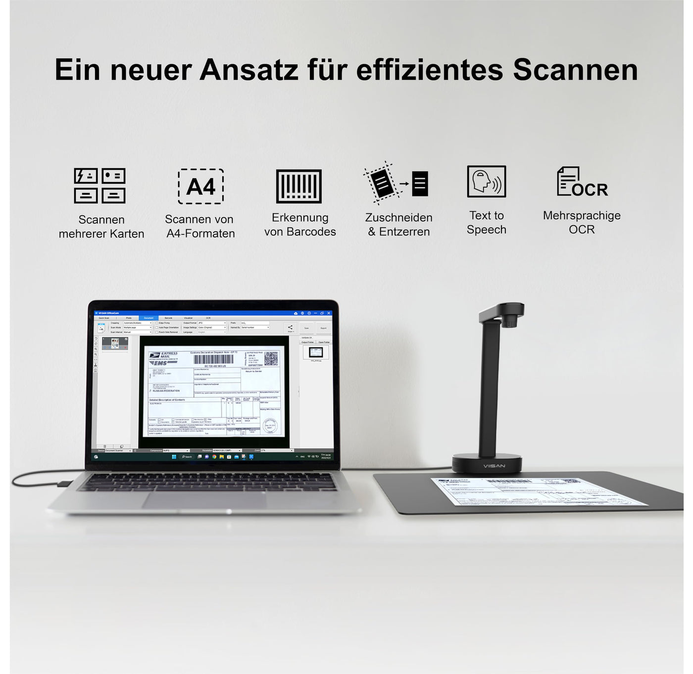 VIISAN Dokumentenscanner, 16MP USB tragbar, Aufnahmegröße A4, Deskewing, Scannen von mehrseitigen Dokumenten, OCR & TTS Tech, funktioniert mit Windows & MacOS