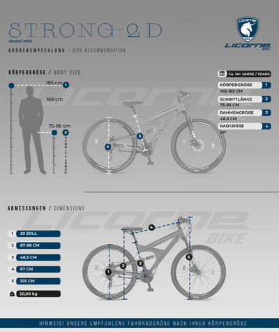 Licorne Bike Strong 2D Premium Mountainbike in 26, 27.5 und 29 Zoll Fahrrad für Jungen Mädchen Damen und Herren Scheibenbremse vorne und hinten 21 Gang Schaltung Vollfederung (29 Zoll, Anthrazit)