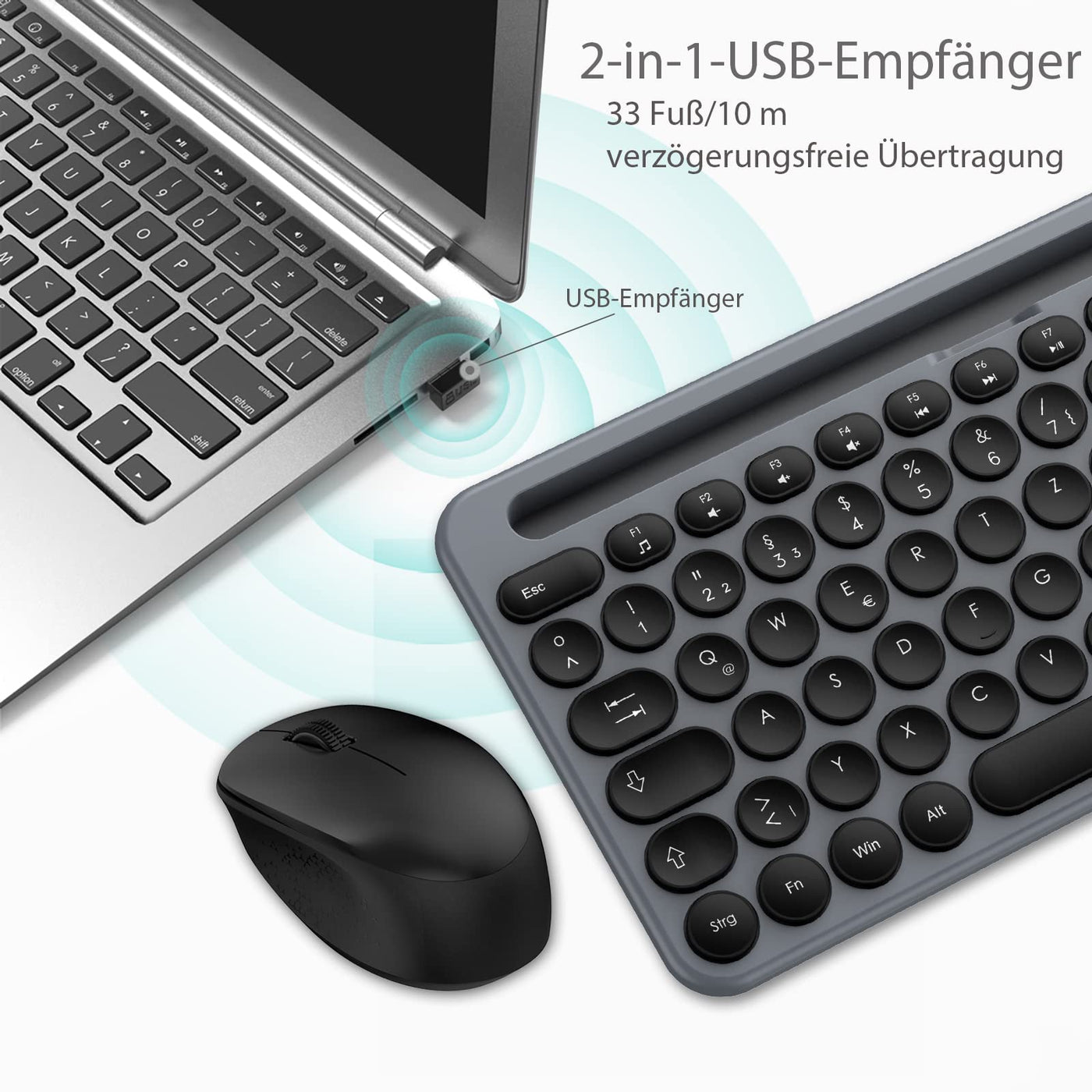 LeadsaiL Tastatur Maus Sets Kabellos,Ergonomische Maus und Tastatur,Funk PC Tastatur und Maus in Standardgröße,Deutsch QWERTZ-Layout, Leise-Klick-Taste,12 FN-Tasten Für Windows Computer, macOS, Laptop