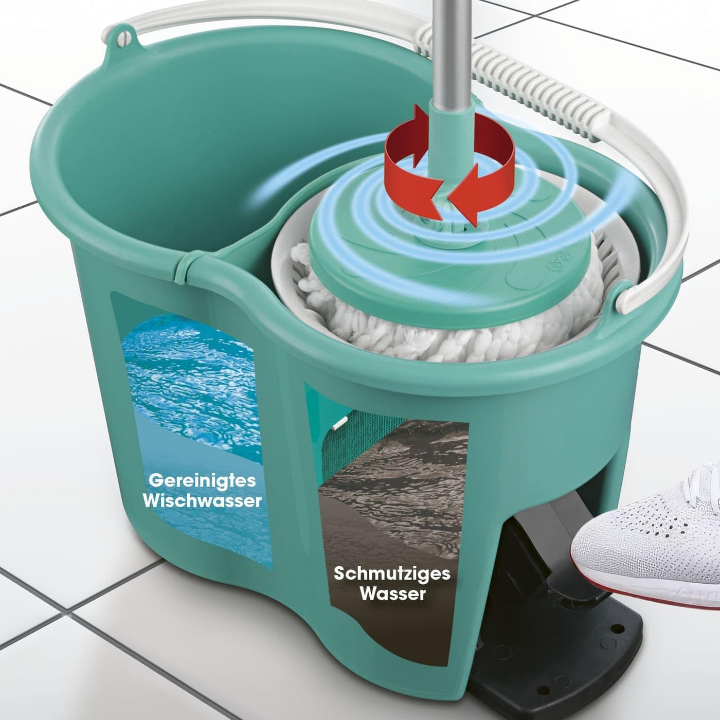 CLEANmaxx Power-Wischmopp mit Zwei-Kammer-Filtersystem | Designed in Deutschland - Schmutzwasser wird gefiltert, leichtes Auswringen für streifenfreie Sauberkeit | Ideal für Laminat, Parkett & Fliesen