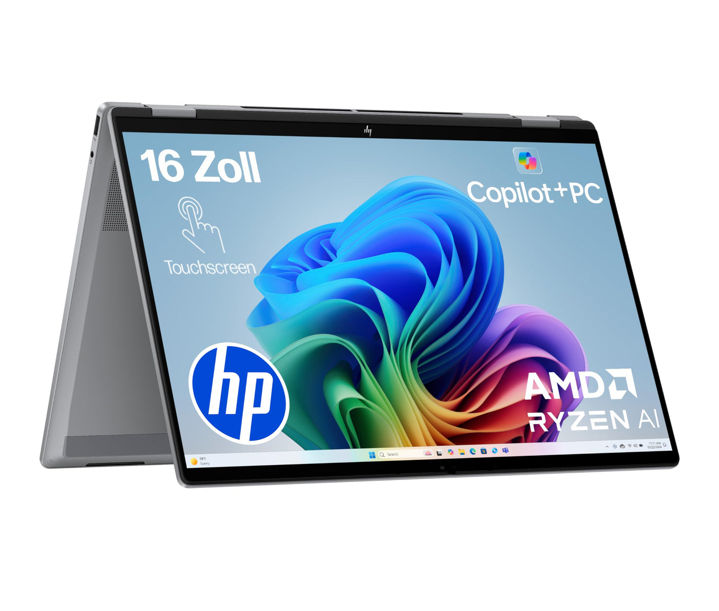 HP OmniBook X Flip 2in1 Next Gen AI Laptop | AMD Ryzen AI 5 340 (6C) | dedizierte NPU für KI | 50 NPU Tops | Copilot+ PC | 16" WUXGA 1920x1200 Touchscreen | 16GB | 512GB SSD | Win11 | QWERTZ | Silber