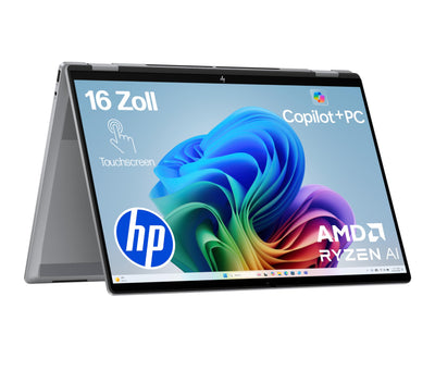 HP OmniBook X Flip 2in1 Next Gen AI Laptop | AMD Ryzen AI 5 340 (6C) | dedizierte NPU für KI | 50 NPU Tops | Copilot+ PC | 16" WUXGA 1920x1200 Touchscreen | 16GB | 512GB SSD | Win11 | QWERTZ | Silber