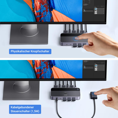 UGREEN HDMI 2.0 KVM Switch 4K@60Hz USB 3.0 Switch 4 USB Ports (3*USB 3.0+ USB C) Sharing 1 Monitor und Tastatur, Maus, Drucker, U disk für 2 PC mit 2 USB Kabeln und 2 HDMI Kabeln.