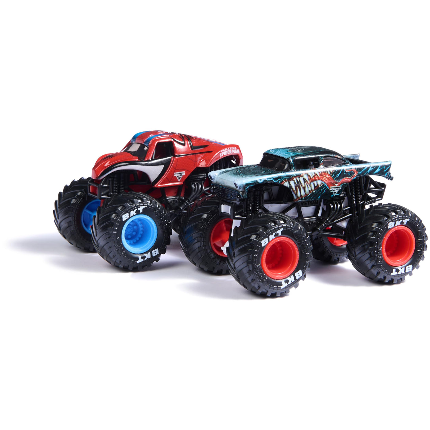 Monster Jam - Zweier-Pack Original Monster Trucks im Marvel Superhelden-Design, Venom vs. Spider-Man, Maßstab 1:64, ab 3 Jahren