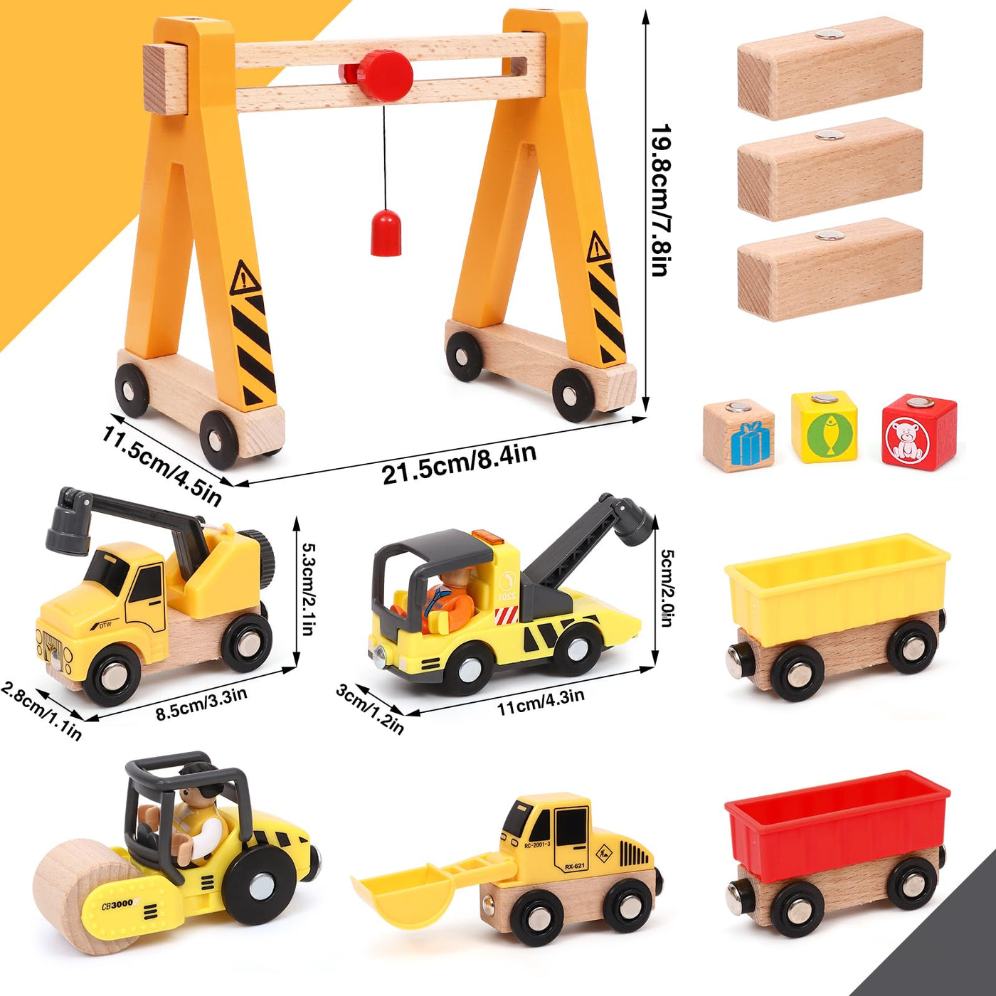 Baufahrzeuge Baustelle Kinder Geschenke Jungen 2 3 4 5 Jahre Holz Magnetisch Fahrzeug Spielzeug mit Portalkran, Bagger, Kranwagen, Straßenroller, Abschleppfahrzeug, Holzspielzeug Geschenkideen Jungen