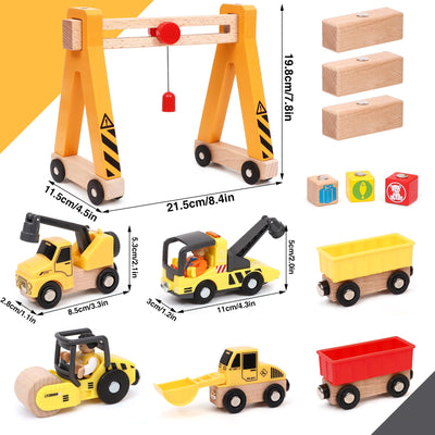 Baufahrzeuge Baustelle Kinder Geschenke Jungen 2 3 4 5 Jahre Holz Magnetisch Fahrzeug Spielzeug mit Portalkran, Bagger, Kranwagen, Straßenroller, Abschleppfahrzeug, Holzspielzeug Geschenkideen Jungen