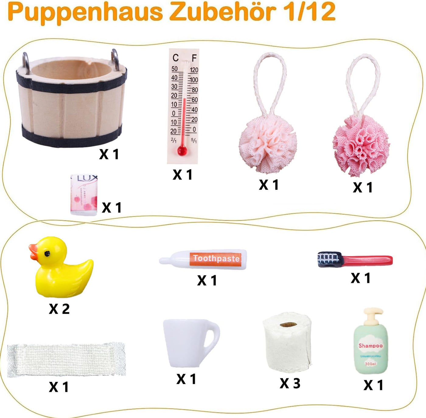 Miniatur Wichtelzubehör Bade Set, Wichtel Zubehör, Wichtel Wasch Set Badeutensilien mit Mini Zahnpasta Zahnbürste Badeschwamm Ente Klopapier Rollen für Wichteltür Weihnachten und Puppenhaus Deko