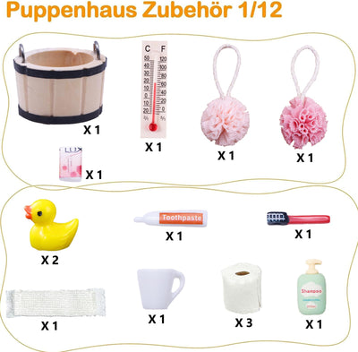 Miniatur Wichtelzubehör Bade Set, Wichtel Zubehör, Wichtel Wasch Set Badeutensilien mit Mini Zahnpasta Zahnbürste Badeschwamm Ente Klopapier Rollen für Wichteltür Weihnachten und Puppenhaus Deko
