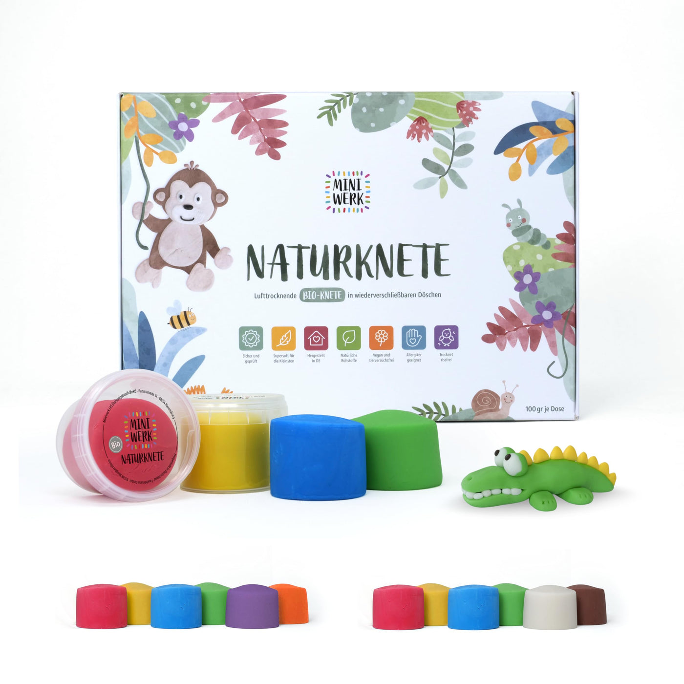 Miniwerk Bio Knete Set Kinder 4x 100gr., Geschenk Mädchen & Jungen 4 5 Jahre – Knete ab 2 Jahre ungiftig und vegan – Schultüte Füllung & Kindergeburtstag (Rot, Blau, Grün, Gelb), Softknete