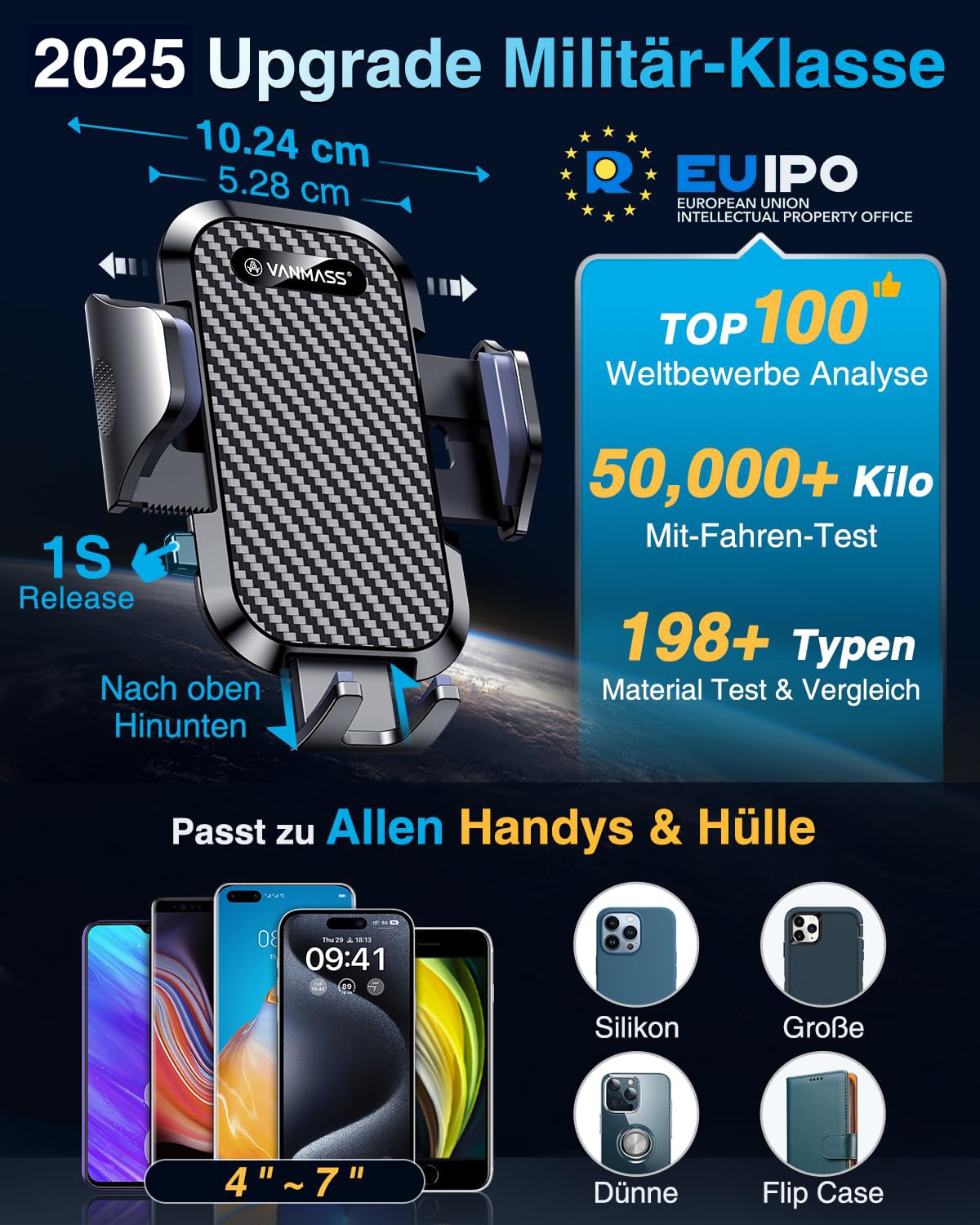 VANMASS 2025【Militär-Klasse 】Handyhalterung Auto Upgrade【Stärkste Saugnapf & Lüftungshaken】4 in 1 Handy Halterung Auto 360° Drehbar Handyhalter Auto auf Armaturenbrett Scheibe für iPhone Samsung usw