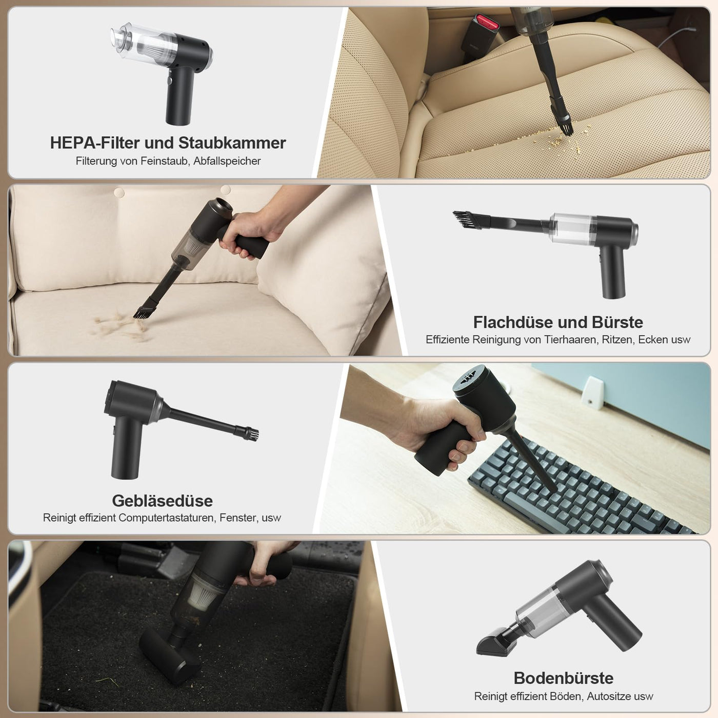 ASFSKY 8000Pa Kabelloser Handstaubsauger, 3600 mAh Akku Handstaubsauger, 2-in-1 Mini-Staubsauger, Autostaubsauger, Tragbarer Staubsauger mit 300ml Staubkammer für Auto, Tierhaare, Computer (Schwarz)