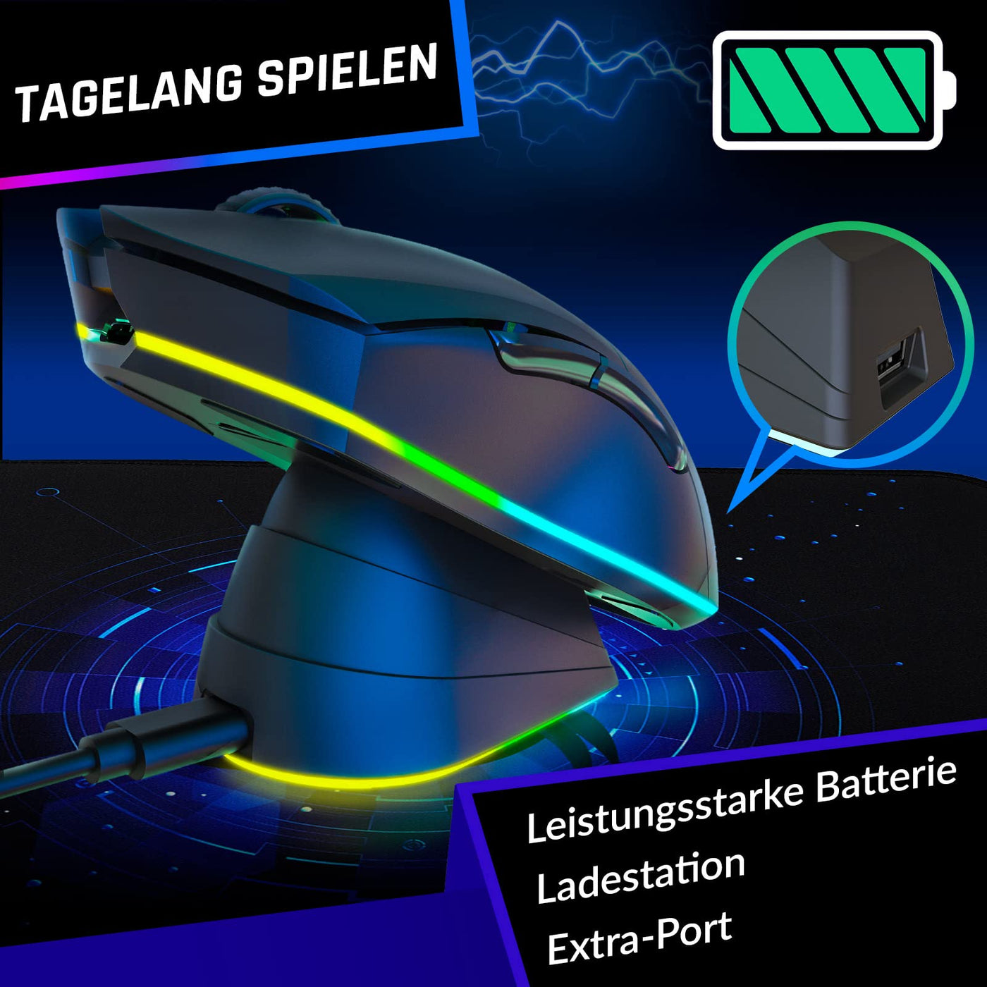 KLIM Blaze Pro Wiederaufladbare kabellose Maus - NEU 2024 - Gaming Maus mit RGB und Ladestation - Hochpräziser Sensor und langlebiger Akku - Bis zu 6000 DPI - Kabel- und Wireless Mouse für PC