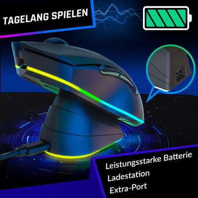 KLIM Blaze Pro Wiederaufladbare kabellose Maus - NEU 2024 - Gaming Maus mit RGB und Ladestation - Hochpräziser Sensor und langlebiger Akku - Bis zu 6000 DPI - Kabel- und Wireless Mouse für PC