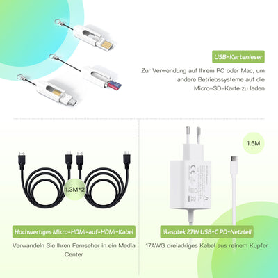 iRasptek Raspberry Pi 5 8GB Starter Kit - 128GB Edition von OS-Bookworm vorinstalliert (Aluminium Gehäuse)