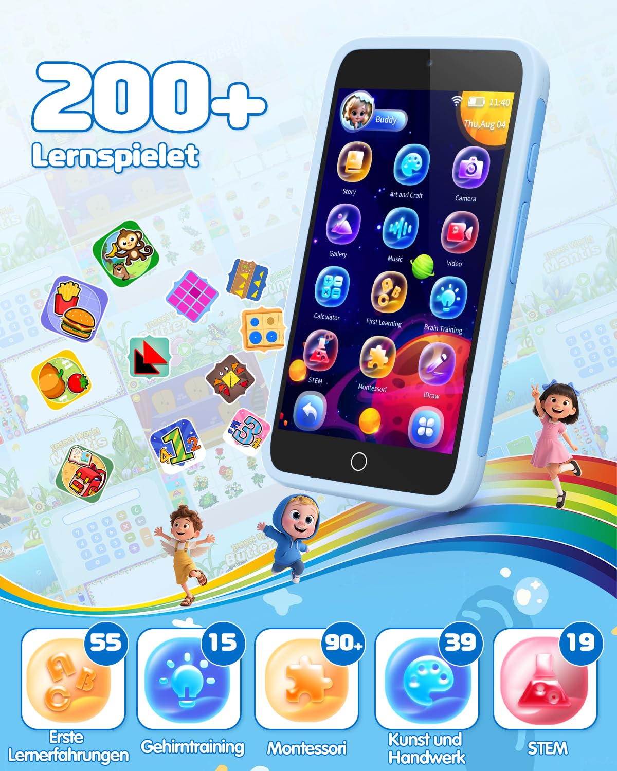 orantronx Kinder Handy Smartphone Spielzeug, 3.97" Kinderkamera Handy für Mädchen Jungen Geschenke ab ab 3 4 5 6 7 8-12 Jahre, Kinderhandy mit 200+ Lernspiele, Dualkamera, Kindersicherungs, MP3 Player