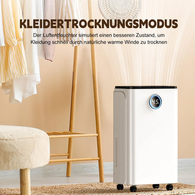Luftentfeuchter 12L/Tag, Auto Entfeuchtung, 24H-Timer Ein/Aus, Kontinuierliche Entwässerung, Leistungsstarker Raum Luftentfeuchter mit LED Display und Steuerung, Gegen Feuchtigkeit