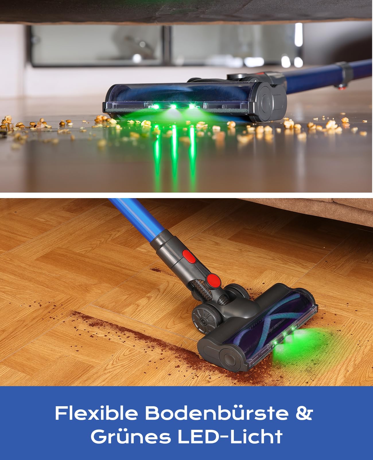 Ivormentico Akku Staubsauger Kabellos 50Mins/40KPA/450W, Akkustaubsauger mit Geen LED, Kabelloser Staubsauger mit Aufgerüstete Bodenbürste, Staubsauger Akku für Tierhaare, Blau