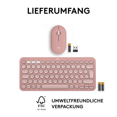 Logitech Pebble 2 Combo, kabellose Tastatur und Maus, leise und mobil, anpassbar, Logi Bolt, Bluetooth, Easy-Switch für Windows, macOS, iPadOS, Chrome - Deutsches QWERTZ-Layout, Rosa