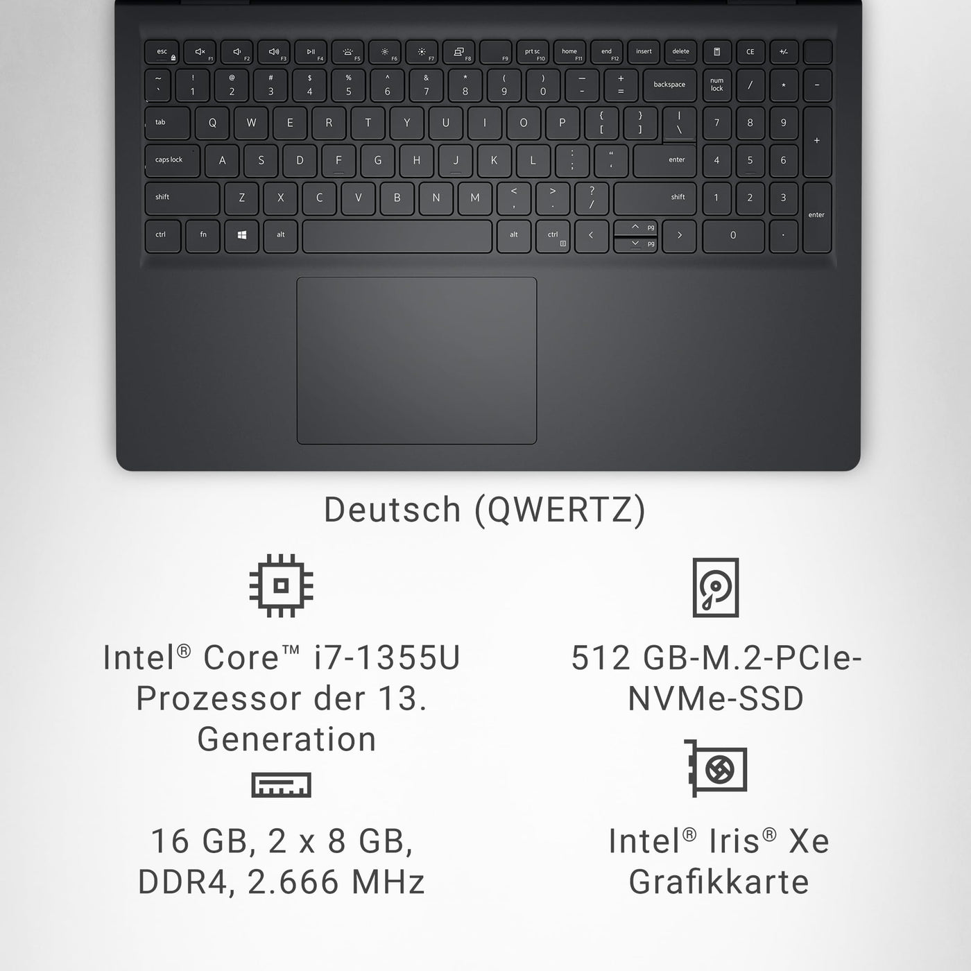 Dell Inspiron 15 (3530) Laptop - 15.6" FHD 120Hz, Intel Core i7-1355U, 16GB RAM, 512GB SSD, Intel Iris Xe Graphics, Windows 11 Home, German QWERTY Keyboard Layout - Black