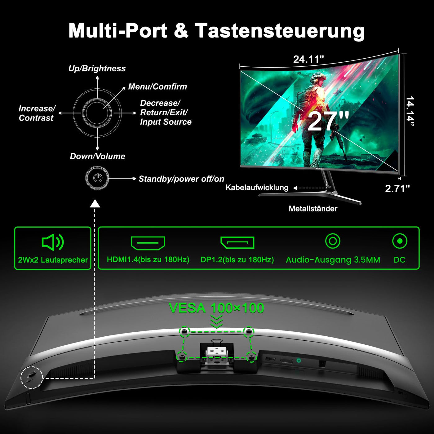 Minifire Gaming Curved Monitor 27 Zoll MFG27C1 180Hz 1Ms 130% sRGB Monitor mit Sprecher 1920 * 1080 VA Panel （MFG27C1 mit HDMI-Kabel）