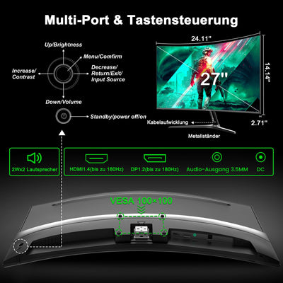 Minifire Gaming Curved Monitor 27 Zoll MFG27C1 180Hz 1Ms 130% sRGB Monitor mit Sprecher 1920 * 1080 VA Panel （MFG27C1 mit HDMI-Kabel）