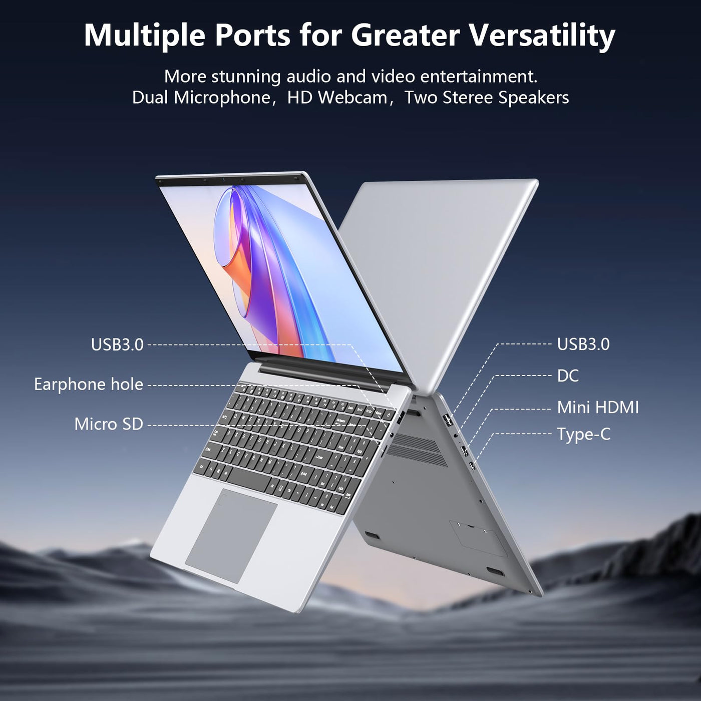 Gezoon 15,6 Zoll Laptop, 12th Quad Core N100 (bis zu 3,4 GHz) CPU, 12 GB LPDDR5 RAM 512 GB SSD, 2K FHD IPS Laptops, 2,4G/5G WiFi, Webcam, voll ausgestatteter Typ-C, Akku mit großer Kapazität