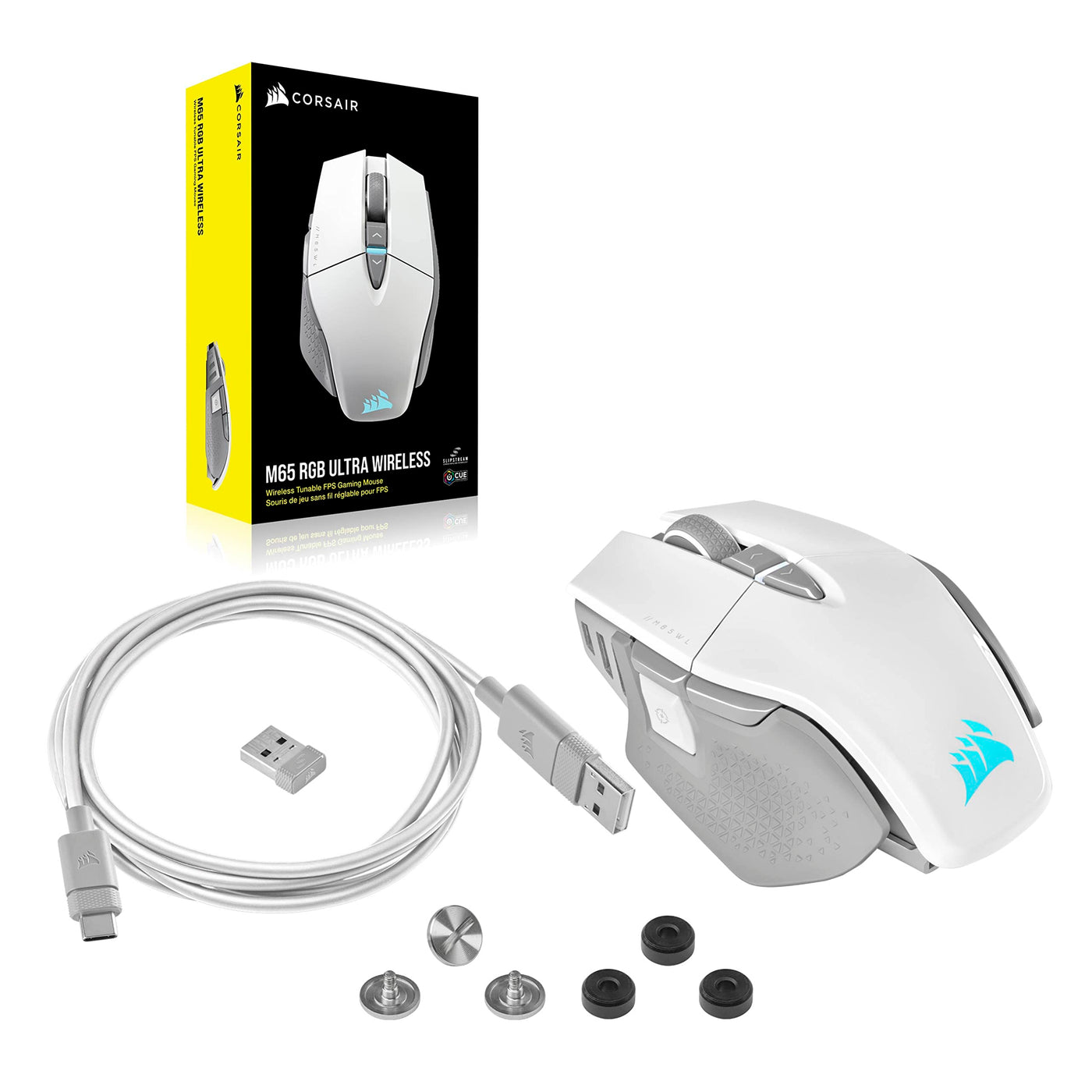 CORSAIR M65 RGB ULTRA WIRELESS Tunable FPS Gaming Mouse - 26.000 DPI - Sub-1ms Wireless - Gewichtssystem - Bis zu 120 Std. Akku - iCUE Kompatibel - PC, Mac, PS5, PS4, Xbox - Weiß