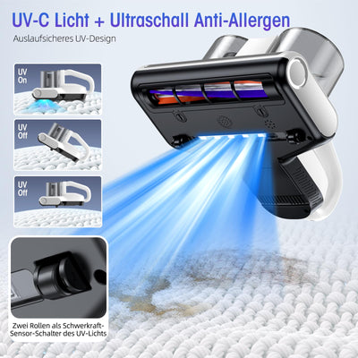JPHYLL Milbensauger für Matratzen Milbenstaubsauger mit UV-Licht 16Kpa Bürstenrolle Ultraschall HEPA Filter Heißer Wind Funktion Matratzensauger zur Entfernung von Staubmilben Allergenen 500W Weiß