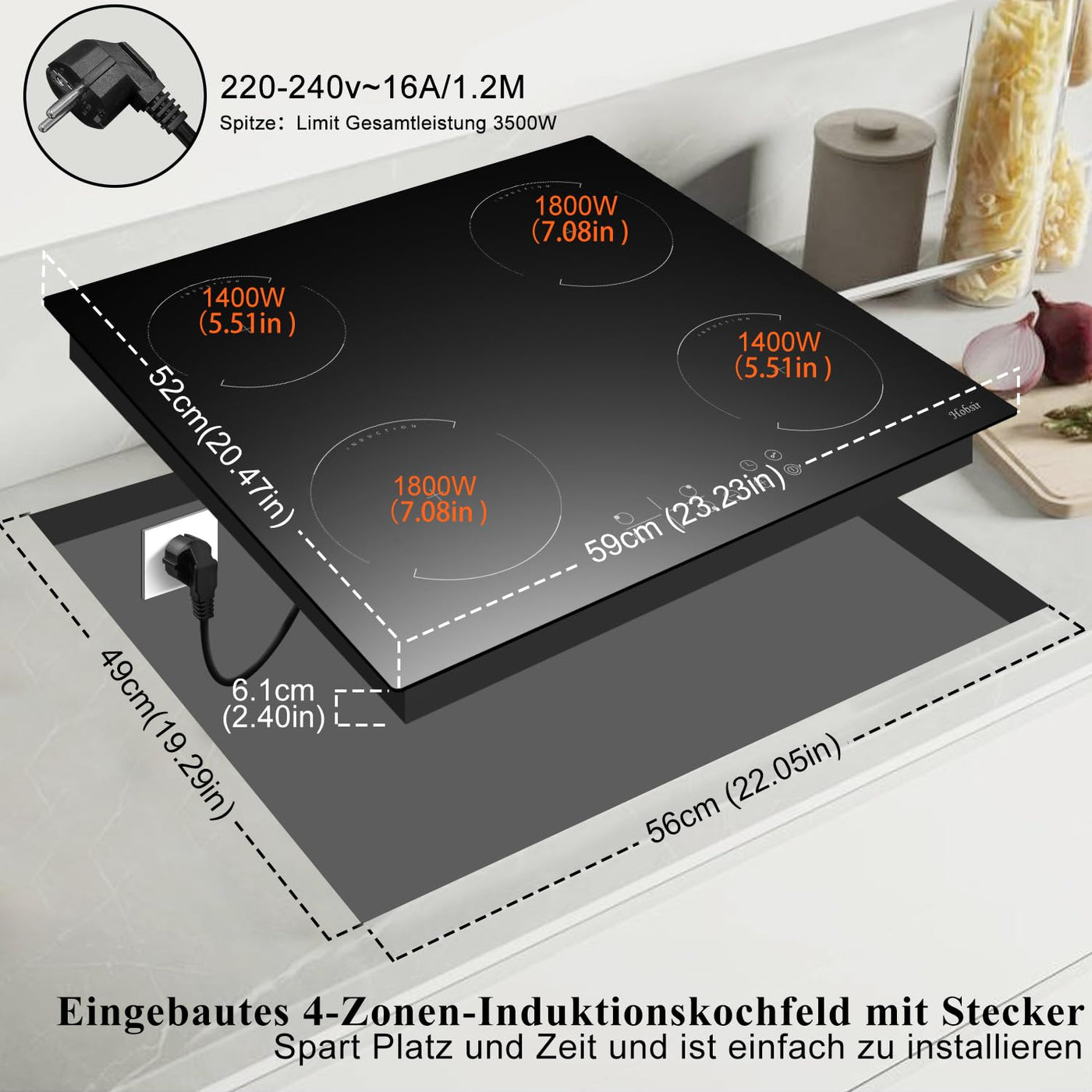 Induktionskochfeld mit Stecker 4 Zonen Einbau Kochfeld Induktion 60cm Induktionsplatte, 3500W, Touch-Bedienung, 9 Leistungsstufen, Kindersicherung, Timer