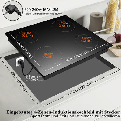 Induktionskochfeld mit Stecker 4 Zonen Einbau Kochfeld Induktion 60cm Induktionsplatte, 3500W, Touch-Bedienung, 9 Leistungsstufen, Kindersicherung, Timer