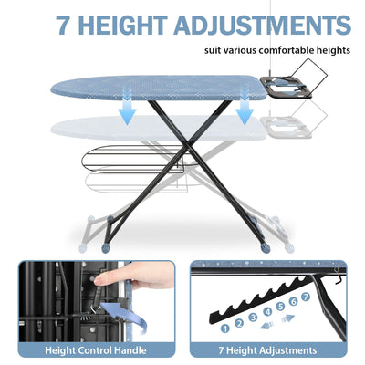 KINGRACK Bügelbrett, Bügelbretter mit Aufbewahrungshaken, Extra Dicker, Hitzebeständiger Bezug, 7 Höhenverstellbar, Bügeltisch mit Antirutschfüßen Schwerlast, Blau