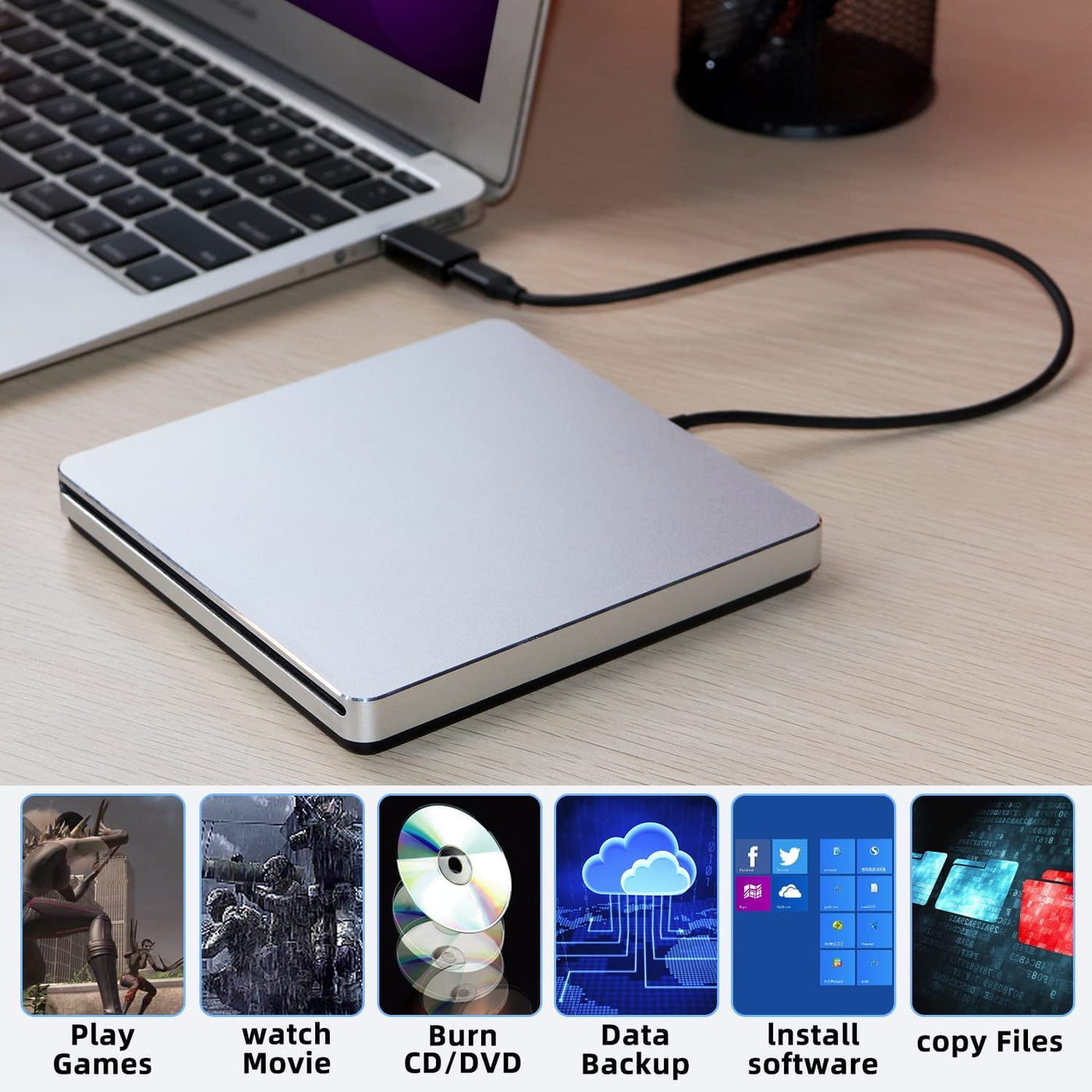 NOLYTH Externes CD Laufwerk für Laptop, DVD Laufwerk Extern für Mac MacBook, Slot-in Externe Optische Laufwerke, Portable USB CD Laufwerk Extern Brenner Externes Laufwerk für PC Apple Windows Desktop