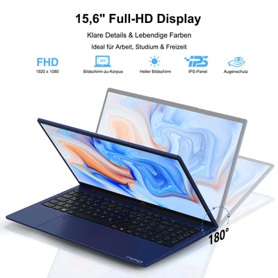 NIMO Laptop 15,6 Zoll Full HD: 16GB RAM, 1TB SSD, Intel N100, WLAN-Konnektivität, USB-C 65W, Fingerabdruck, Beleuchtete Tastatur, Leichter Computer für Arbeit & Studium, Blau