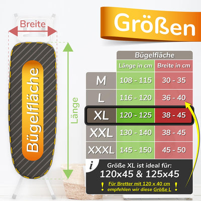 Super Soft 5 Schichten Turbo-Bügelbrettbezug 120x45, Made in Germany, ÖKOTEX Baumwoll-Polsterung, schneller mit Thermoreflexion, 5 Größen, EasyFit+Spanner, XL Fläche 120-125x38-45cm
