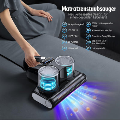 JPHYLL Milbensauger für Matratzen Milbenstaubsauger mit 253,7nm UV-Licht 16Kpa Absaugung Bürstenwalzenklopfen HEPA Filter Ultraschall Heißer Wind Bett-Staubsauger Verbreiterte Saugöffnung Schwarz