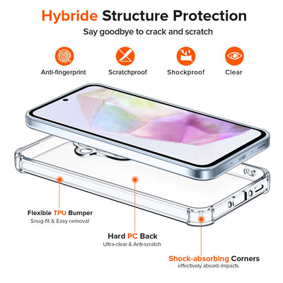 iVoler Nie Vergilbung Klar Hülle für Samsung Galaxy A35 5G mit Stoßfest Schutzecken, 1 Handyhülle mit 3 Stück Panzer Schutz Glas, [Militärischer Schutz] Transparent Schutzhülle Dünn Durchsichtige Case